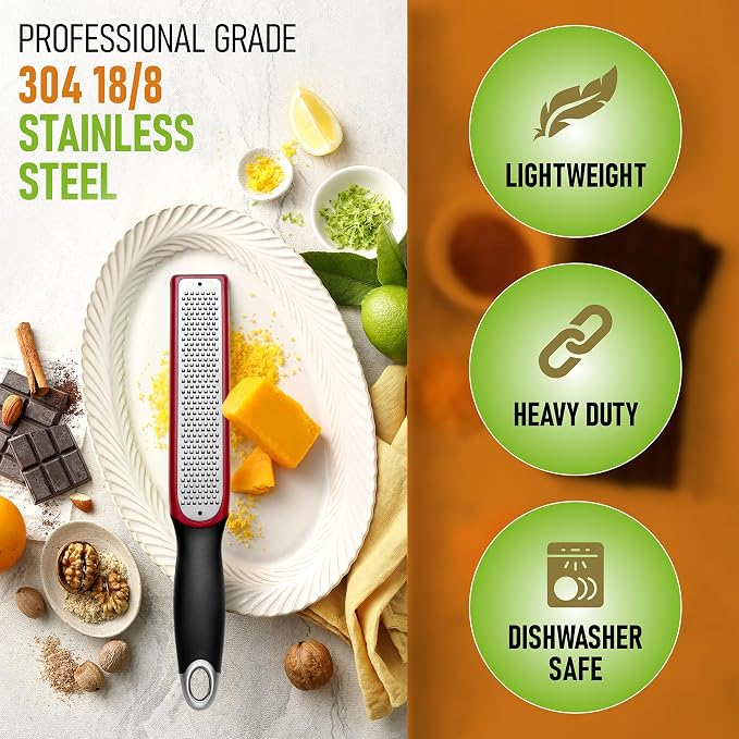 Spring Chef Premium Red Lemon Zester Grater with Handle - Fruit, Garlic, Citrus, Nutmeg, Orange Zester Tool - Heavy Duty Kitchen Shredder - Stainless Steel Ginger Grater with Blade Cover - Fine Shred