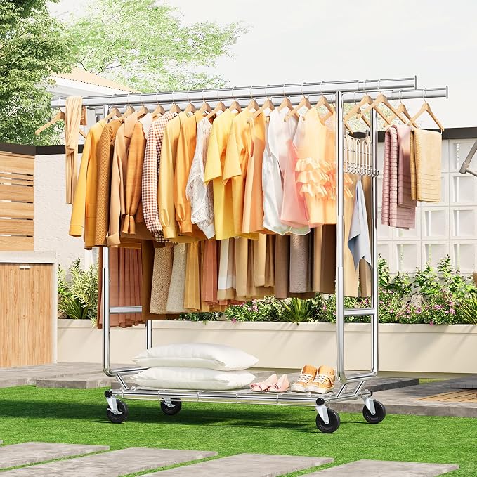 Gewudraw Clothes Rack Heavy Duty Load 900 Lbs With Wheels,Commercial,Chrome | Double Rod Rolling Clothing Rack, Adjustable | Portable | Collapsible, Hooks,Shelf,Garment Rack for Wardrobe,Bedroom,Silver