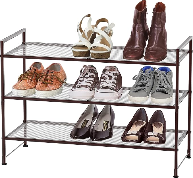 Simple Houseware 3-Tier Stackable Mesh Shoe Rack, Bronze | 9 Pairs of Shoes Storage Organizer for Closet, Entryway, Garage & Corridor