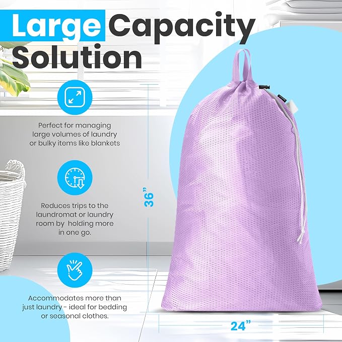 Handy Laundry Mesh XL Laundry Bag 24"x36" with Shoulder Strap, Purple | XL 24x36 Mesh Laundry Bag, Handles & Shoulder Strap, Breathable, Machine Washable, Dorm Travel Bedding, Purple