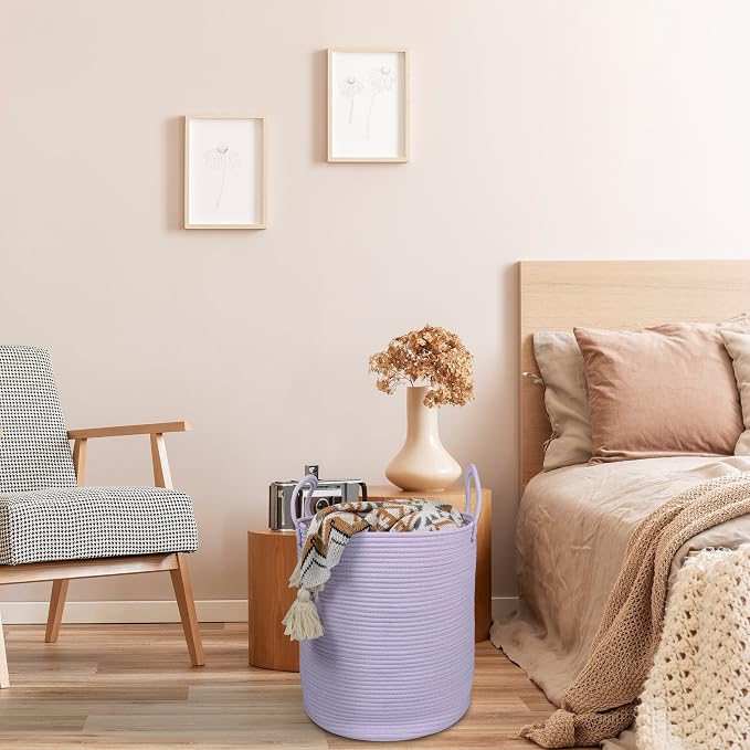 XUANGUO Rope Laundry Basket Hamper for Clothes Large Purple or Lavender | Baby Nursery Hamper Bin and Woven Storage Basket for Living Room Bedroom Boho Tall Rope Baskets Blankets Toys Pillows Towels