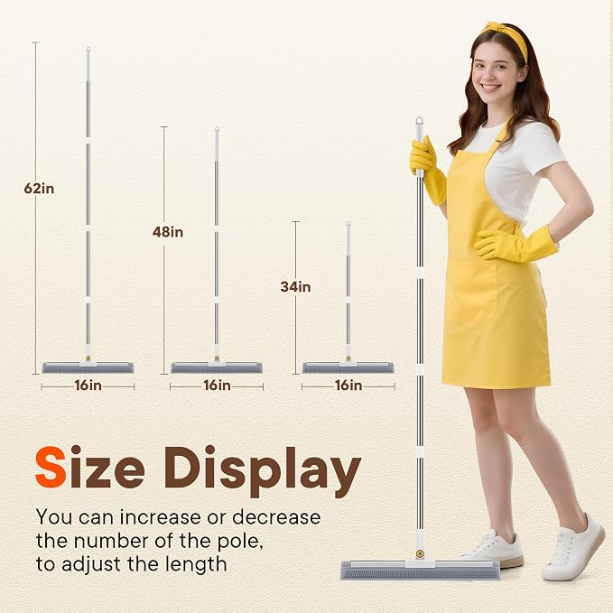 Floor Squeegee with Long Handle, 180° Rotating Silicone Broom for Concrete & Tile Floors, Squeegee for Water Removal on Garage, Bathroom and Deck, Adjustable 35–62 in Handle, 2 Pads