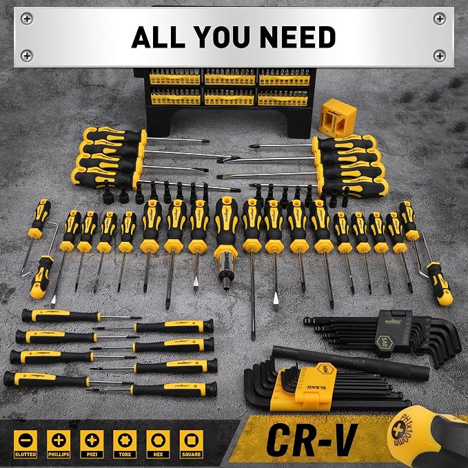 HORUSDY 140-Piece Magnetic Screwdriver Set with Plastic Racking, Includes SAE & Metric Hex Keys, Precision Screwdriver and Magnetizer Demagnetizer DIY Tools for Men Tools Gift