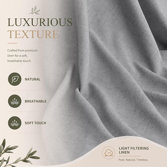 Hokibero Grey Linen Curtains 96 Inches Long Drape for Living Room 2 Panels | Light Filtering Semi Sheer Curtain, Back Tab Rod Pocket Pleated Look, Gray Privacy Drapes for Bedroom Window, Boho Farmhouse