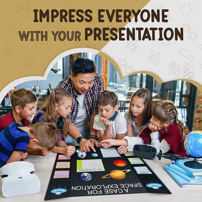 White Trifold Presentation Board 36" x 48" (Pack of 24) Self-Adhesive Science Subtitles Included - Display Exhibition Board Lightweight and Portable with Smooth Surface - by Emraw