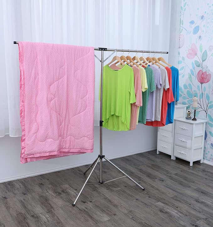 Foldable Portable Space Saving Stainless Steel Clothes Drying Rack. | Heavy Duty Laundry Drying Racks, Adjustable High Capacity Garment Rack, Comes with 20 windproof hooks