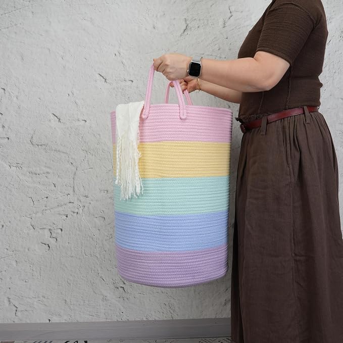 XUANGUO Rope Laundry Basket Hamper for Kids Girl Large, rainbow | Woven Storage Basket for Living Room Bedroom Boho Tall Baskets for Blanket Toys Pillow Towels Baby Nursery Hamper Bin