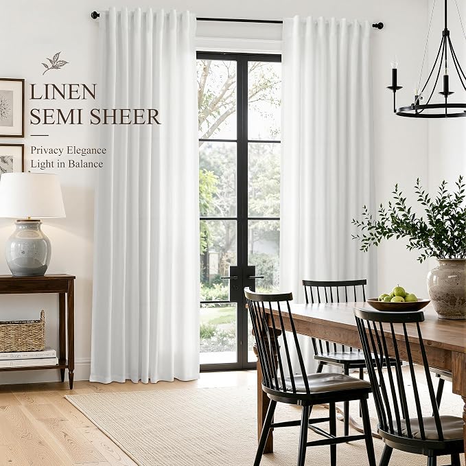 Hokibero Off White Linen Curtains 96 Inches Long for Living Room 2 Panels | Light Filtering Sheer Curtain, Back Tab Rod Pocket Pleated Look, Textured Privacy Drapes for Bedroom Window, Boho Farmhouse