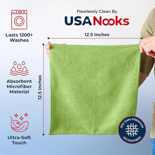 USANOOKS Microfiber Cleaning Cloth Light Green - 24 Pcs 12.5"x12.5" - High Performance - 1200 Washes, Ultra Absorbent Towels Weave Grime & Liquid for Streak-Free Mirror Shine - Car Washing Cloth