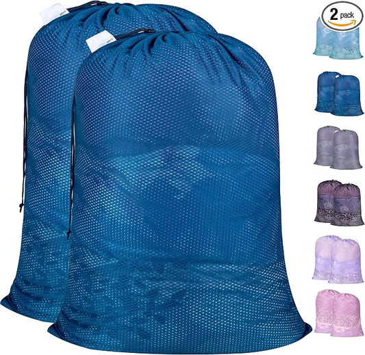 2 Pack Heavy Duty Diamond Mesh Laundry Bag, 24x36", Blue | Drawstring & ID Tag, Breathable Mesh, Machine Washable, Commercial Grade, , For College Dorms, Travel, Sports Equipment