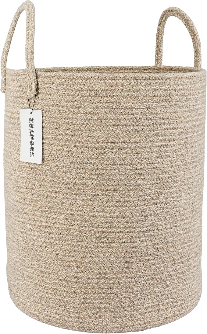 XUANGUO Cotton Rope Laundry Basket Hamper for Clothes, oatmeal | Woven Storage Basket for Living Room Bedroom Boho Tall Rope Baskets for Blanket Toys Pillow Towels Baby Nursery Hamper Bin