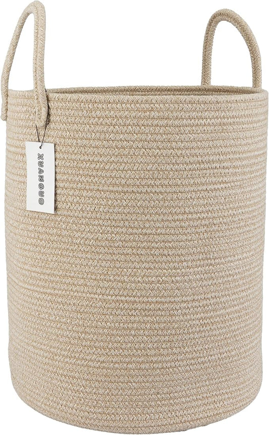 XUANGUO Cotton Rope Laundry Basket Hamper for Clothes, oatmeal | Woven Storage Basket for Living Room Bedroom Boho Tall Rope Baskets for Blanket Toys Pillow Towels Baby Nursery Hamper Bin