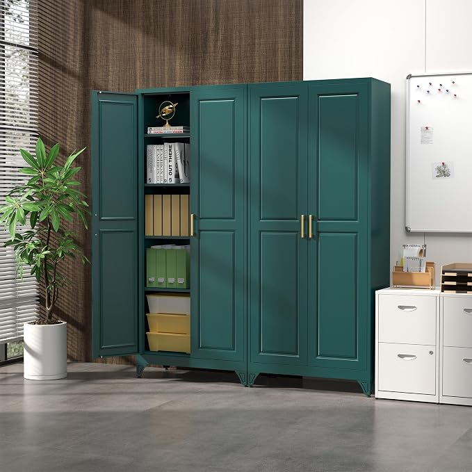 SteeLoong Kitchen Pantry Cabinet,75" Green Metal Storage Cabinets with Doors and 4 Adjustable Shelves,Kitchen Cabinet with 2 Gold Handles,Tall Cabinet for Livingroom,Pantry, Bathroom
