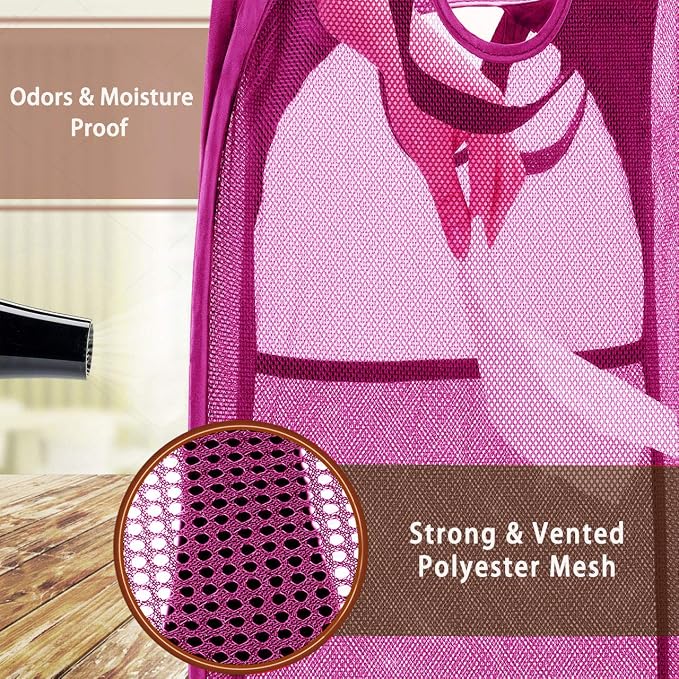 HOUSE AGAIN Strong Mesh Pop Up Laundry Hamper, 70L Collapsible Laundry Basket with Steel Frame, Double‑Stitched Handles & Side Pocket, Foldable Dirty Clothes Hamper for Dorm, Bedroom, Pink