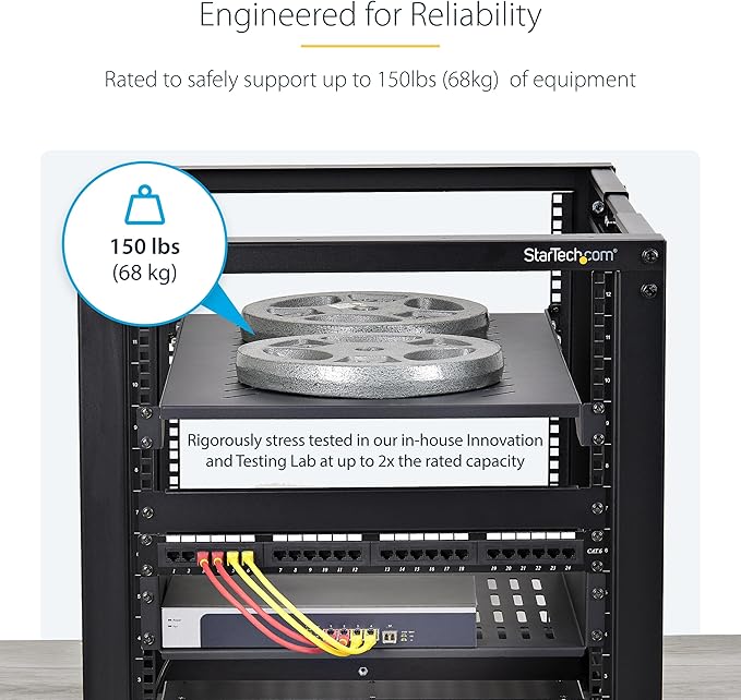 StarTech 1U 4-Post Vented Rack Shelf, 28-34.4in, 150lb (ADJSHELFV-Rack) | Adjustable depth 71.1-87.3cm, 150lb/68kg capacity, Cold-rolled steel, M5 hardware