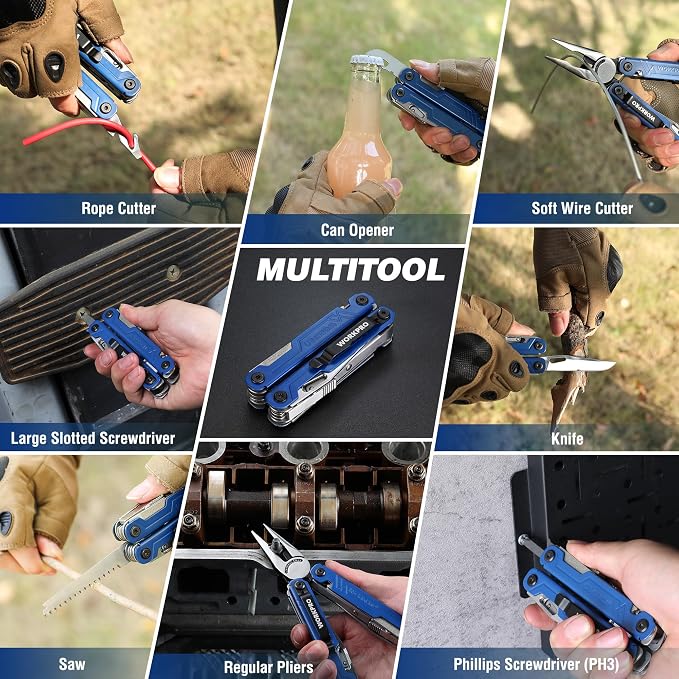 WORKPRO 18-in-1 Multi Tool Pliers Pocket Knife, 2 Safety Locks, EDC, Blue | Gifts for Men Dad Women Wife, Stainless Steel Multitool, Belt Clip and Oxford Pouch, Utility Tool for Camping