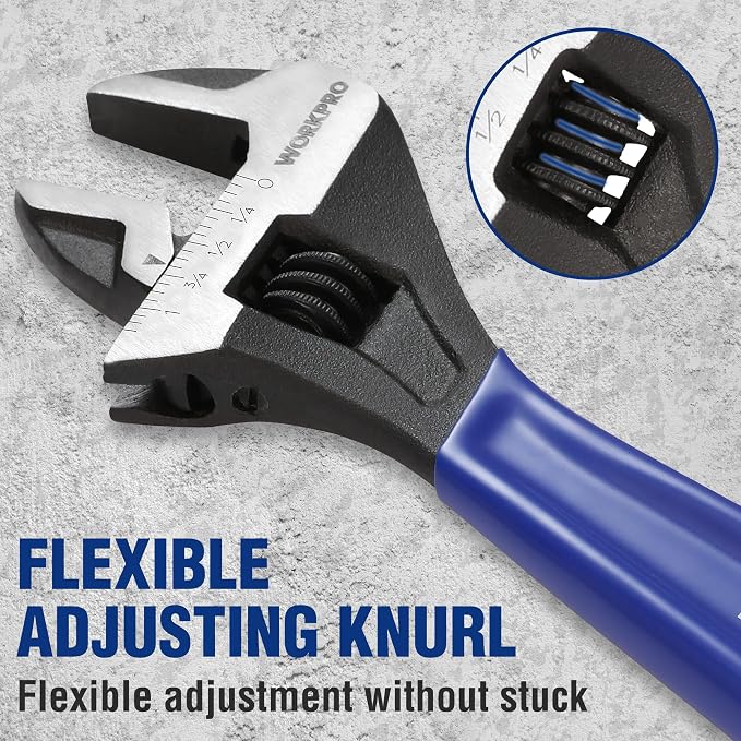 WORKPRO 5 PCS Adjustable Wrench Set, 4", 6", 8", 10" 12" Wide Jaw Wrenches | Cr-V Steel Wrenches with Black Oxide Finish, Metric & SAE Scales for Home, Garage and Workshop Use