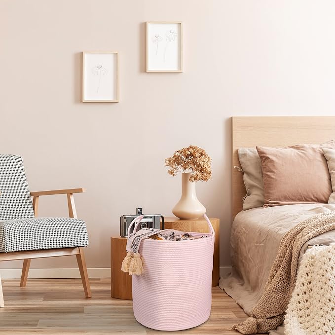 XUANGUO Cotton Rope Laundry Basket Hamper for Girls Kids Baby Nursery Pink | Large Nursery Hamper Bin and Woven Storage Basket for Living Room Girls Room Boho Tall Rope Baskets for Blankets Toys
