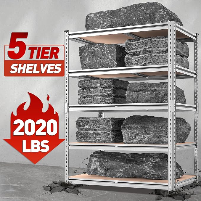 REIBII 2020LBS Garage Shelving Heavy Duty Metal Shelving 5 Tier Storage Shelves, Garage Shelves for Basement, Warehouse, Pantry, Closet, Kitchen, 72" H x 36" W x 16" D, Galvanized, 4 Pack