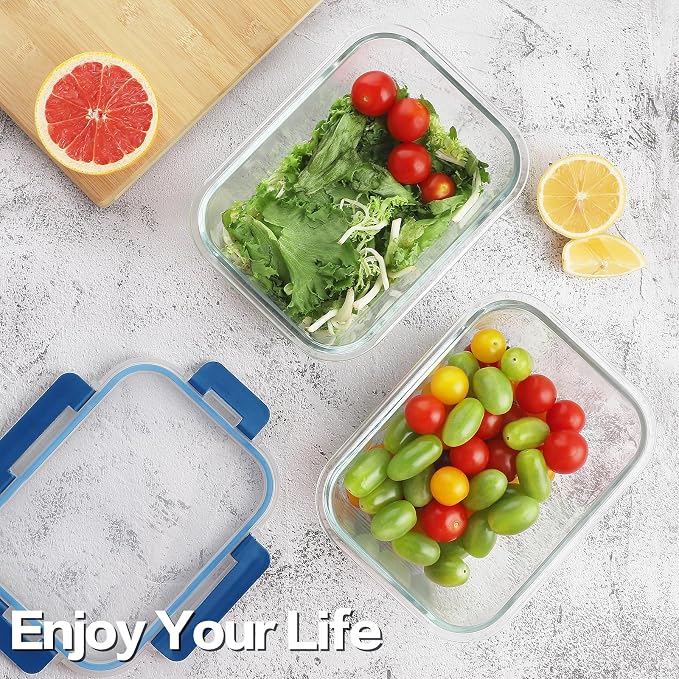 8 Pack 36oz Large Glass Meal Prep Containers with lids, Glass Food Storage Containers with Leak Proof Snap Lock Lids , Airtight Bento lunch Boxes, Kitchen Storage, Oven and Dishwasher Safe-Deep Blue