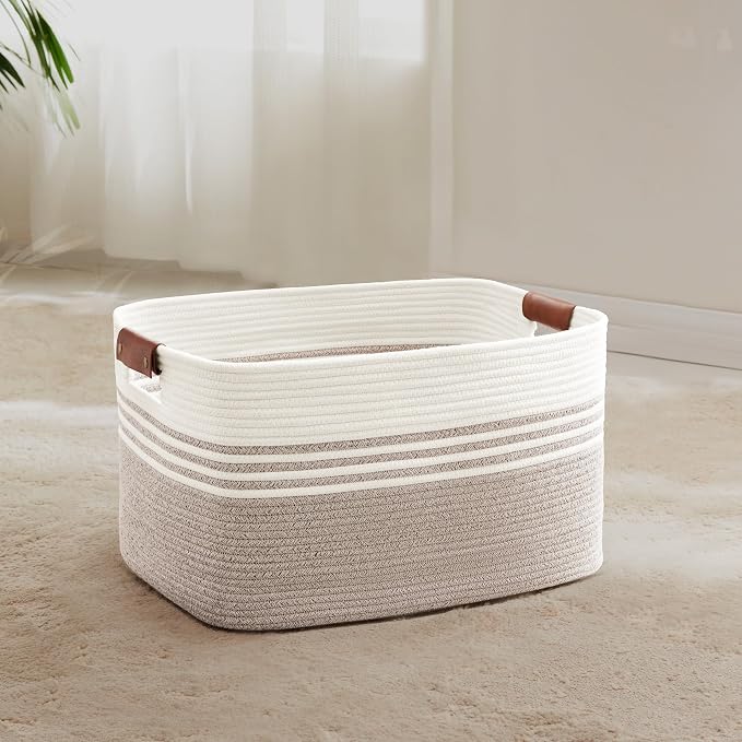 45L Small Woven Laundry Basket Hamper with Leather Handles,Brown | collapsible wicker hamper, storage for dirty clothes, toys, blankets, gifts, living room, bedroom, bathroom, 18"x14"x11"