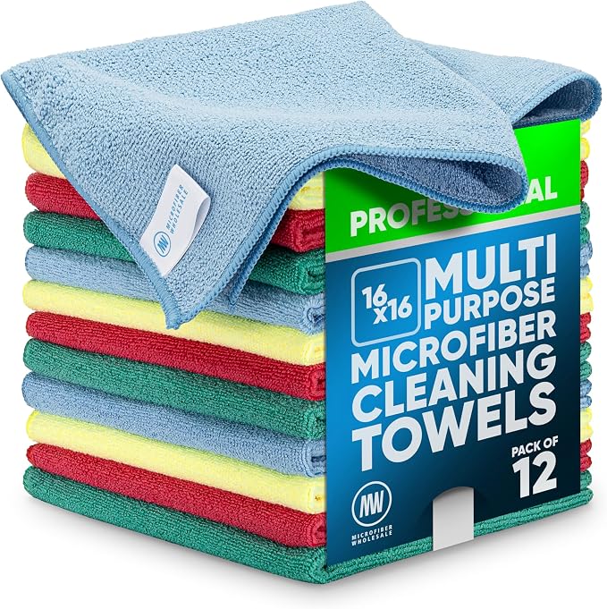 MW Pro Microfiber Cleaning Cloth | Blue Green Red Yellow | 12 Pack | 16” x 16” | All Purpose Microfiber Towels - Clean, Dust, Polish, Scrub, Absorbent