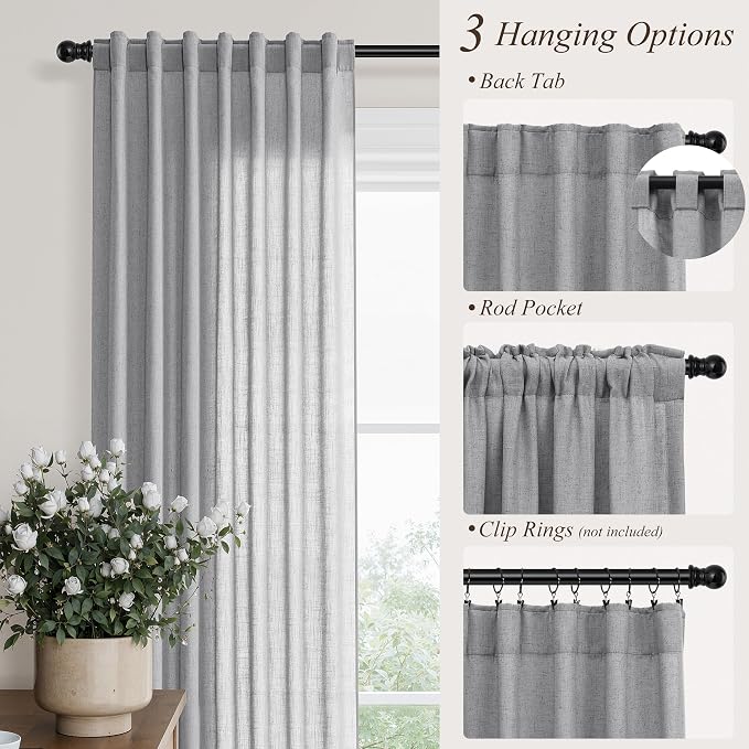 Hokibero Grey Linen Curtains 108 Inches Long Drape for Living Room 2 Panels | Light Filtering Semi Sheer Curtain, Back Tab Rod Pocket Pleated Look, Gray Privacy Drapes for Bedroom Window, Boho Farmhouse