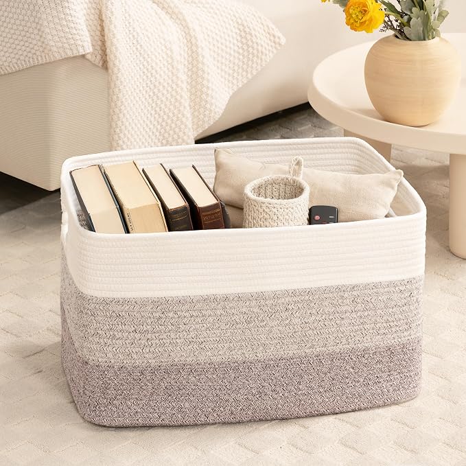 72L Large Woven Laundry Basket Hamper with Handles, Gradient Brown | collapsible wicker hamper, storage for dirty clothes, toys, blankets, gifts, living room, bedroom, bathroom, 22"x17"x12"