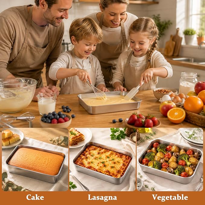 LIANYU 10 x 8 x 2 Inch Rectangular Baking Pan with Lid, 4 Pack Stainless Steel Sheet Cake Pan Set, Brownie Lasagna Bakeware for Kitchen Cooking, Dishwasher & Oven Safe (4 Pan +4 Lid)
