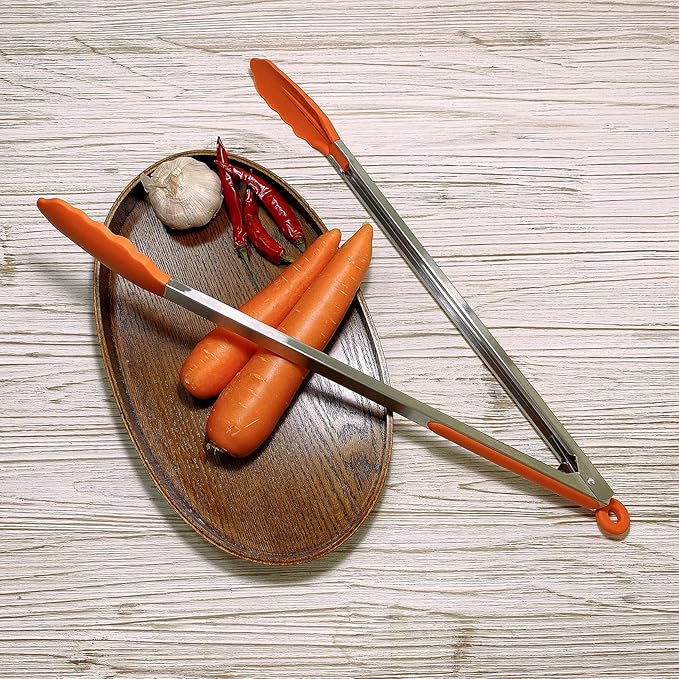 18 inch Extra Long Grill Tongs (1 orange +1 red), with Silicone Tip Head, Stainless Steel Barbecue Tongs with Long Handle, Large Sized Food Tong, Extended Serving Tong
