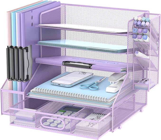 5-Tier Desk Organizer with File Holder & Pen Holder & Drawer, Purple | Mesh Metal Paper Letter Tray for Papers, Mail, Office Supplies, and Desk Accessories