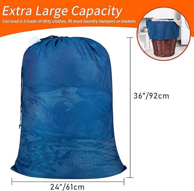 Heavy Duty Diamond Mesh Laundry Bag, 24x36", Blue | Drawstring & ID Tag, Machine Washable, Commercial Grade, , For College Dorms, Travel, Sports Equipment