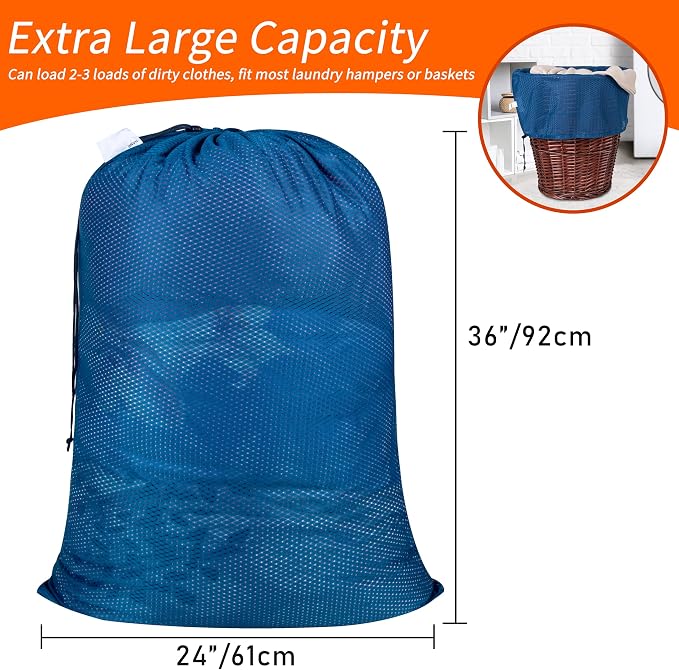 2 Pack Heavy Duty Diamond Mesh Laundry Bag, 24x36", Blue | Drawstring & ID Tag, Breathable Mesh, Machine Washable, Commercial Grade, , For College Dorms, Travel, Sports Equipment