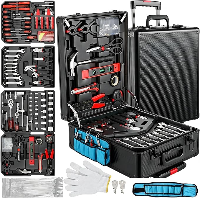 Arcwares 799pcs Aluminum Trolley Case Tool Set Silver, House Repair Kit Set, Household Hand Tool Set, with Tool Belt,Gift on Father's Day (Black)