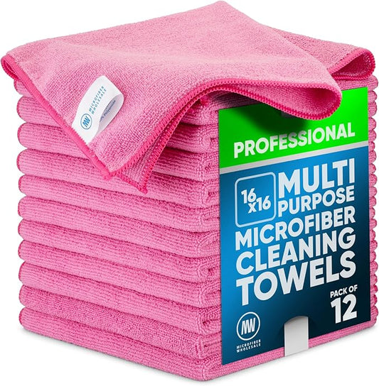 MW Pro Pink Microfiber Cleaning Cloths – 12 Pack, 16" x 16" – Premium Professional-Grade Pink Towels Built for Cleaning Pros, Hotels, Interiors & Home – Stays Pink, All-Purpose, Streak-Free