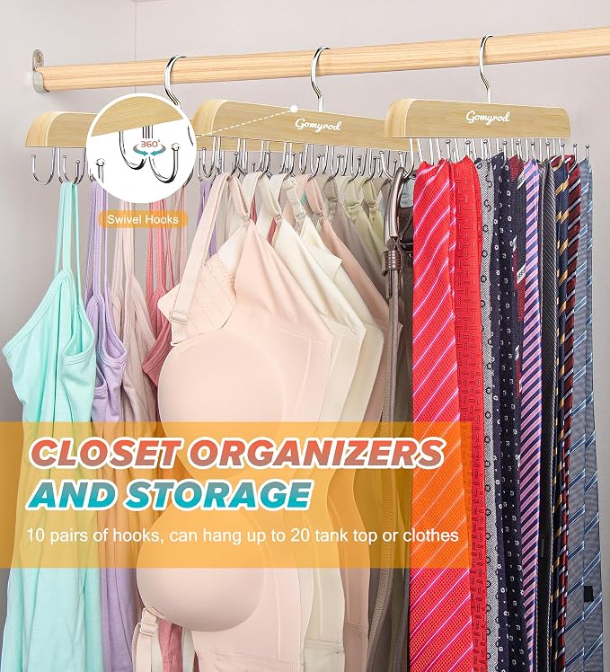 Gomyrod Tank Top Hanger, 2 Pack w/40 Hooks Bra Hanger for Closet Organizer | Premium Wood Space Saving Hanger, 360°Rotating Closet Organizers and Storage, Multi Hook Hanger for Dorm & Apartment