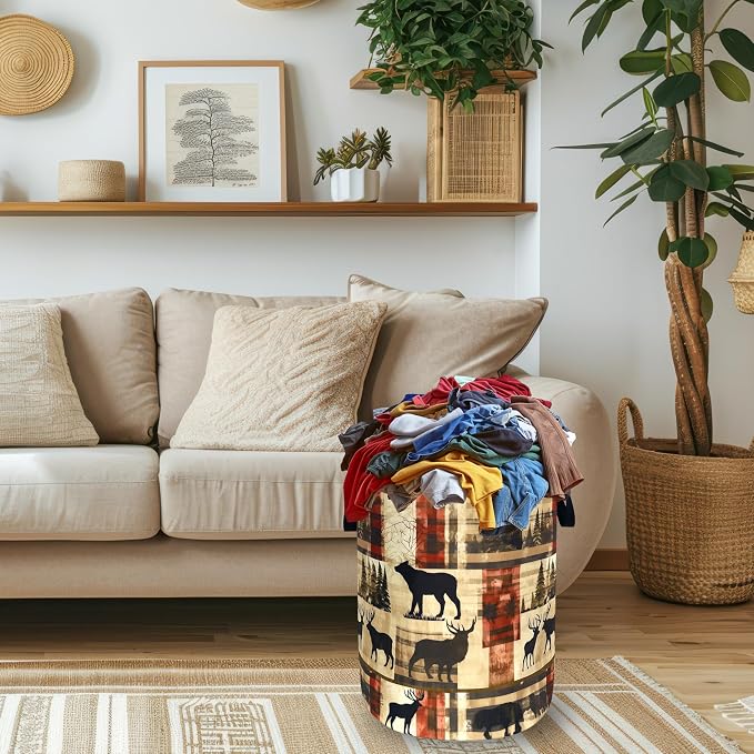 Vintage Forest Bear Laundry Basket Foldable Funny Animal Deers Laundry Hamper With Handle Oxford Cloth Portable Clothes Storage Basket Laundry Bag 18.9"x16.5" For Laundry Room/Bedroom/Bathrooms