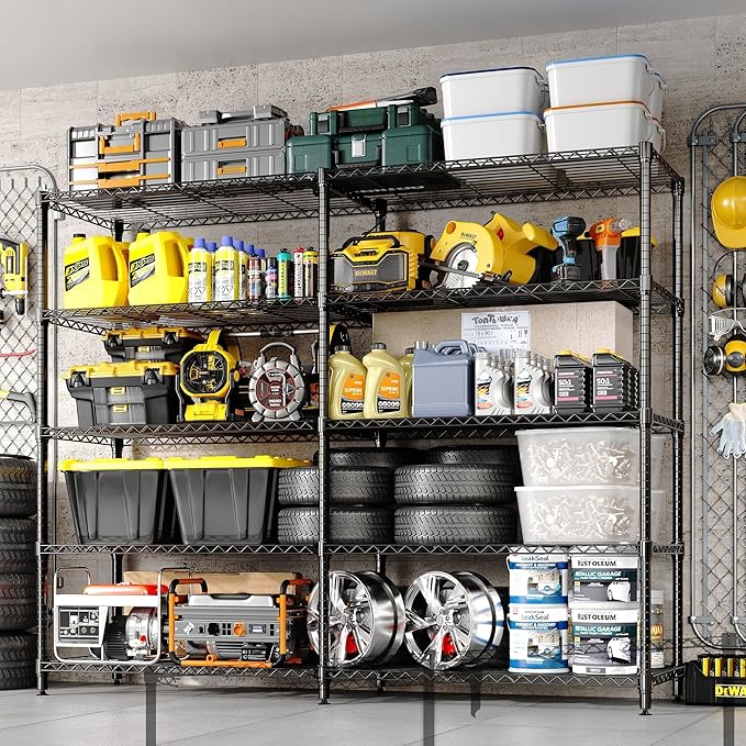 Garvee 71" Wide Storage Shelves Metal Shelving Units 5 Tier, 1325LBS | Heavy Duty & Adjustable Wire Shelving Rack, Standing/L-shaped, Use for Garage Kitchen Pantry Warehouse, Black