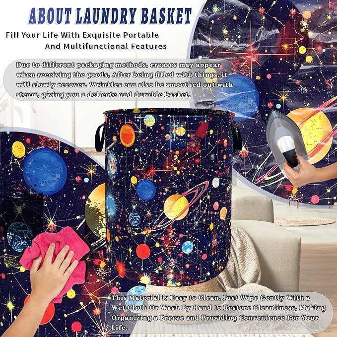 Colorful Planets Laundry Basket Oxford Cloth Starry Sky Galaxy Laundry Hamper With Handle Foldable Portable Clothes Storage Basket Funny Laundry Bag 18.9"x16.5" For Laundry Room/Bedroom/Bathrooms