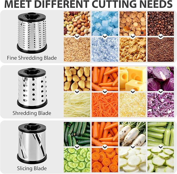SUSTEAS Rotary Cheese Grater, Cheese Shredder with 3 Interchangeable Blades | Stainless Steel Kitchen Mandoline Vegetable Slicer , Stable Suction, Easy to Clean Grater Slicer for Vegetables, Nuts, White