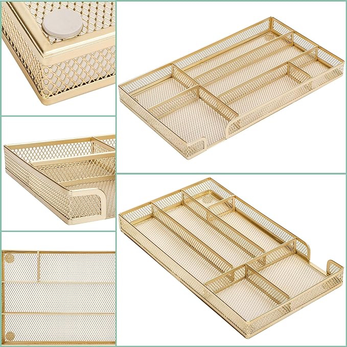Annova Desk Drawer Organizer Tray for Office Organization - Metal Mesh - Storage Tray with Dividers for Pens, Desktop Accessories, Bathroom, Kitchen, Makeup and Office Supplies (Small, Gold)