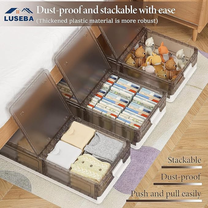 Under Bed Storage Containers - 3Pack, Stackable Under Bed Rolling Storage Plastic Containers, 11.5Gal Storage Bins with Wheels, Multi-purpose Storage Bins with Lids for Clothes, Shoes, And Duvets