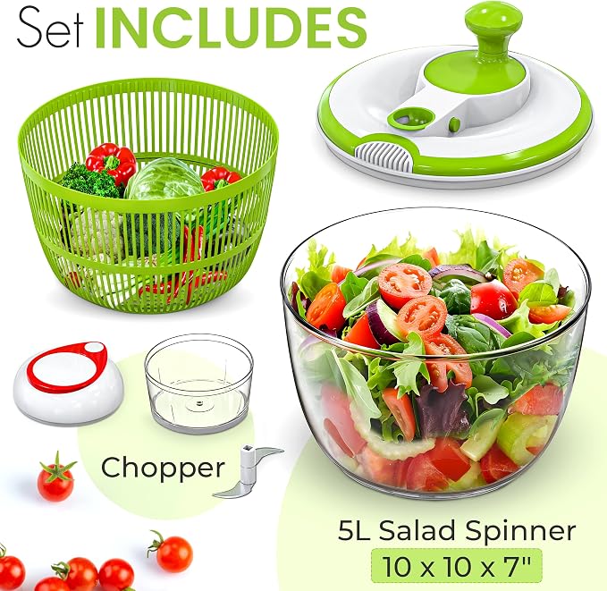 Salad Spinner, 5L Large Capacity Lettuce Washer with Easy Spin Mechanism, BPA-Free Vegetable Dryer for Kitchen.