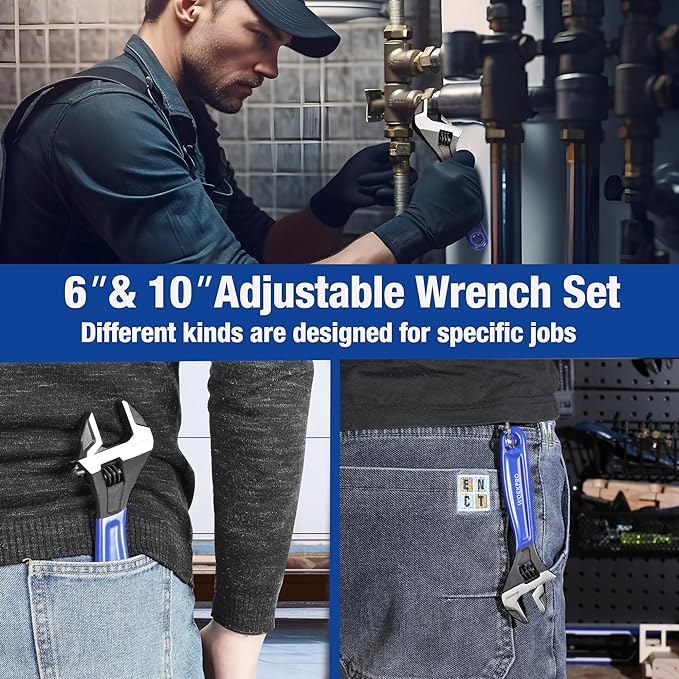 WORKPRO 2-Piece Adjustable Wrench Set, 6-Inch & 10-Inch Wide Jaw Wrenches | Black Oxide Wrench, Cr-V Steel, Metric & SAE Scales, Max Jaw Opening 15/16" & 1-5/16", for Home Repair, Plumbing, Garage Work