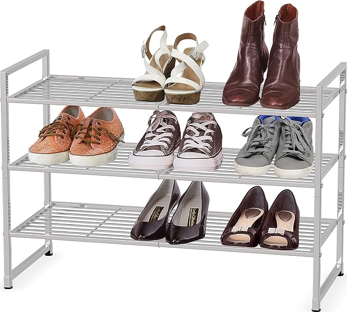 Simple Houseware 3-Tier Stackable Wired Grid Shoe Rack, Silver | 9 Pairs of Shoes Storage Organizer for Closet, Entryway, Garage & Corridor