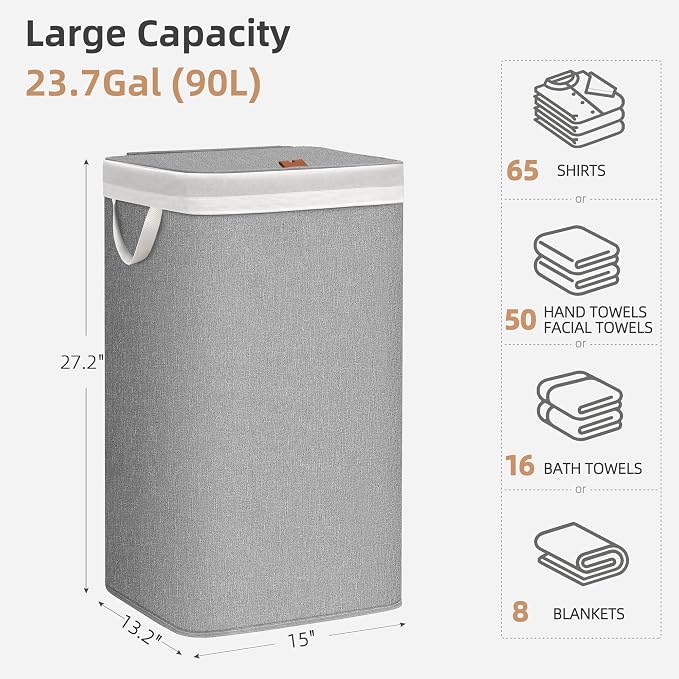 STORAGE MANIAC Metal Frame Laundry Hamper with Lid, 23.7 Gal Tall Laundry Baskets with Removeable Bag, Large Clothes Hamper with PU Tag, Laundry Bin for Dorm, Collage, Bathroom, Bedroom, Gray