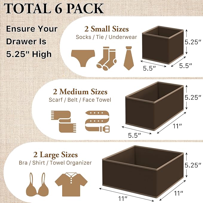 Simple Houseware Underwear Drawer Organizer, Set of 6, Brown | for Lingerie/Undergarment/Bra/Panty/Sock/Onesie