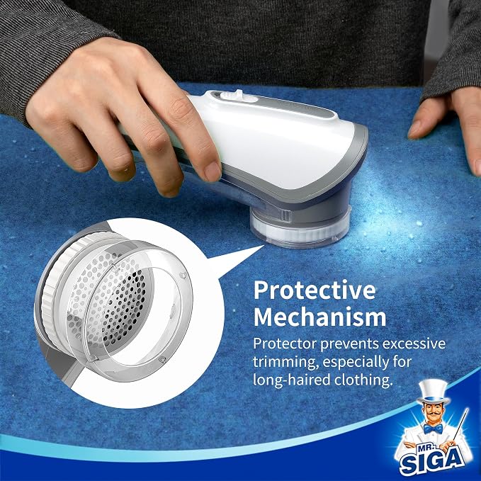 MR.SIGA Fabric Shaver and Lint Remover with 2 Replaceable 6-Leaf Blades | Battery operated portable lint shaver with LED lights, sweater defuzzer for clothes, couch
