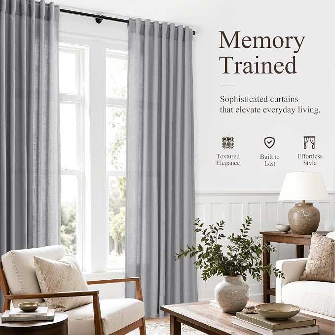 Hokibero Grey Linen Curtains 72 Inches Long Drape for Living Room 2 Panels | Light Filtering Semi Sheer Curtain, Back Tab Rod Pocket Pleated Look, Gray Privacy Drapes for Bedroom Window, Boho Farmhouse