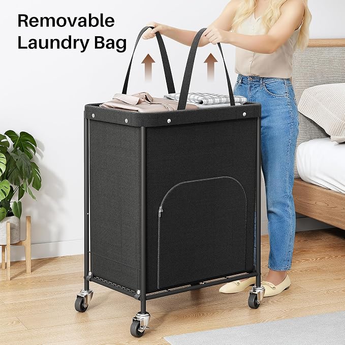 170L Large Laundry Basket with Wheels, Rolling Laundry Hamper Easy Access Clothing Minimizes Bending, Laundry Cart with 4 Silent Casters & Removable Bag for Bedroom, Bathroom, Laundry Room,Black
